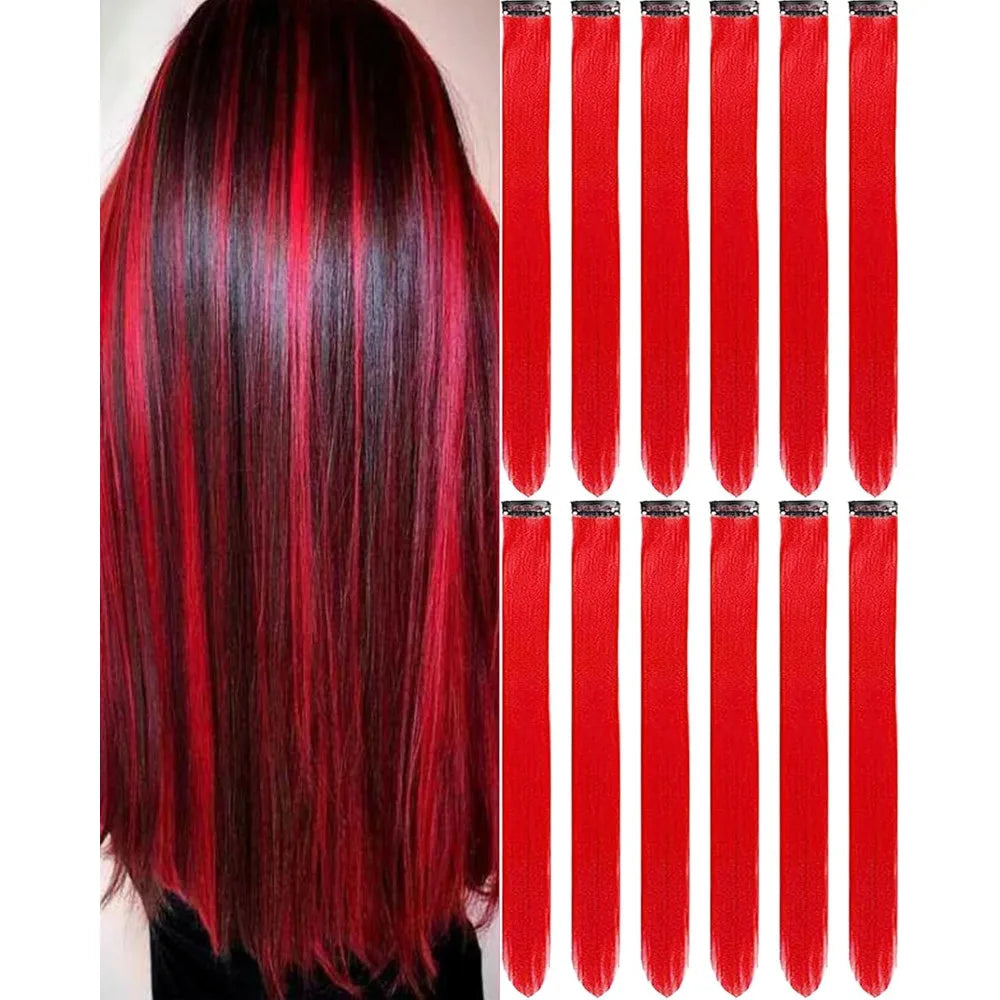 6/12 PCS Hair Extensions Clip, 22in Colored Hair Extensions Party Highlights Long Straight Synthetic Hairpieces for Girls Cospla