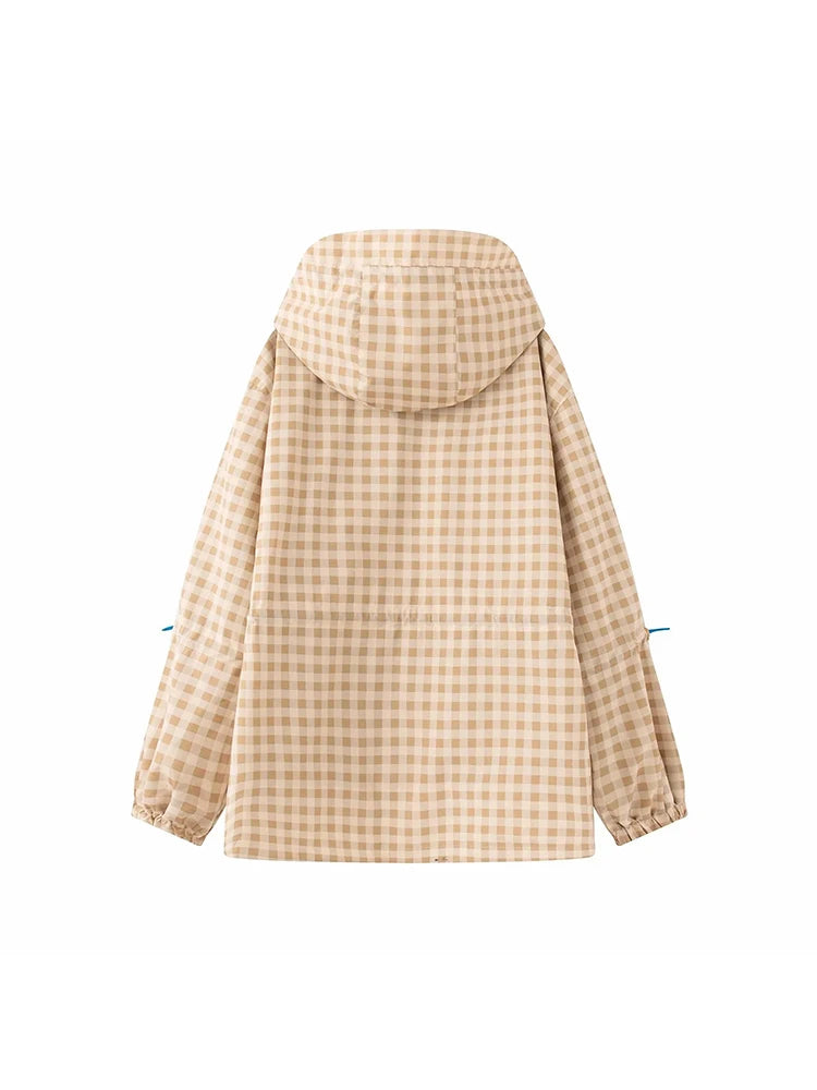 Women Plaid Hooded Drawstring Waist Cinching Jacket Women Loose Long Sleeve Zipper Jackets Fashion Female Street Outwear