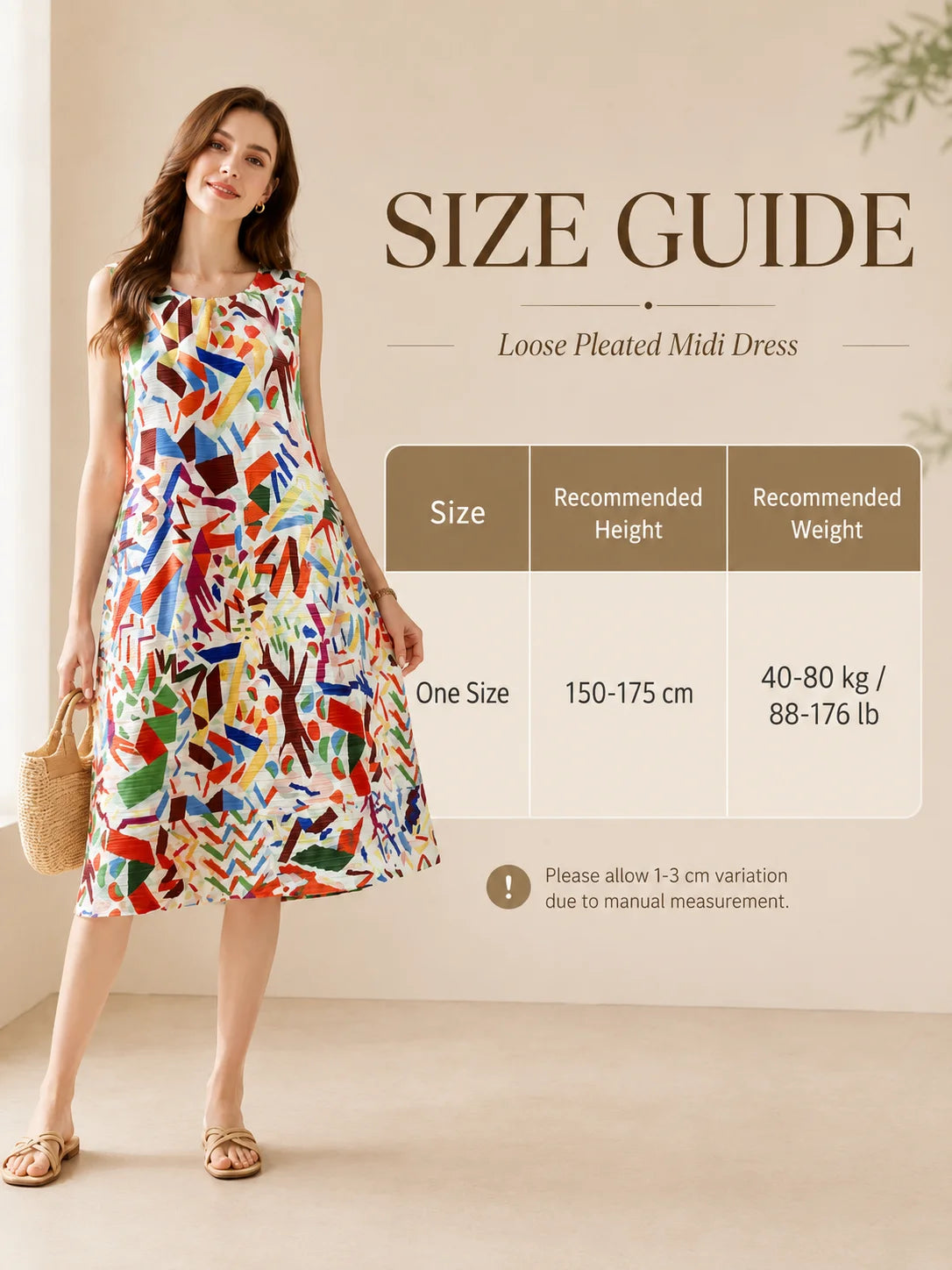 Women Pleated Sleeveless Midi Dress, Abstract Geometric Colorful Art Print Loose A‑Line Tank Dress Round Neck Casual Summer Vacation Party Midi Dresses for Ladies