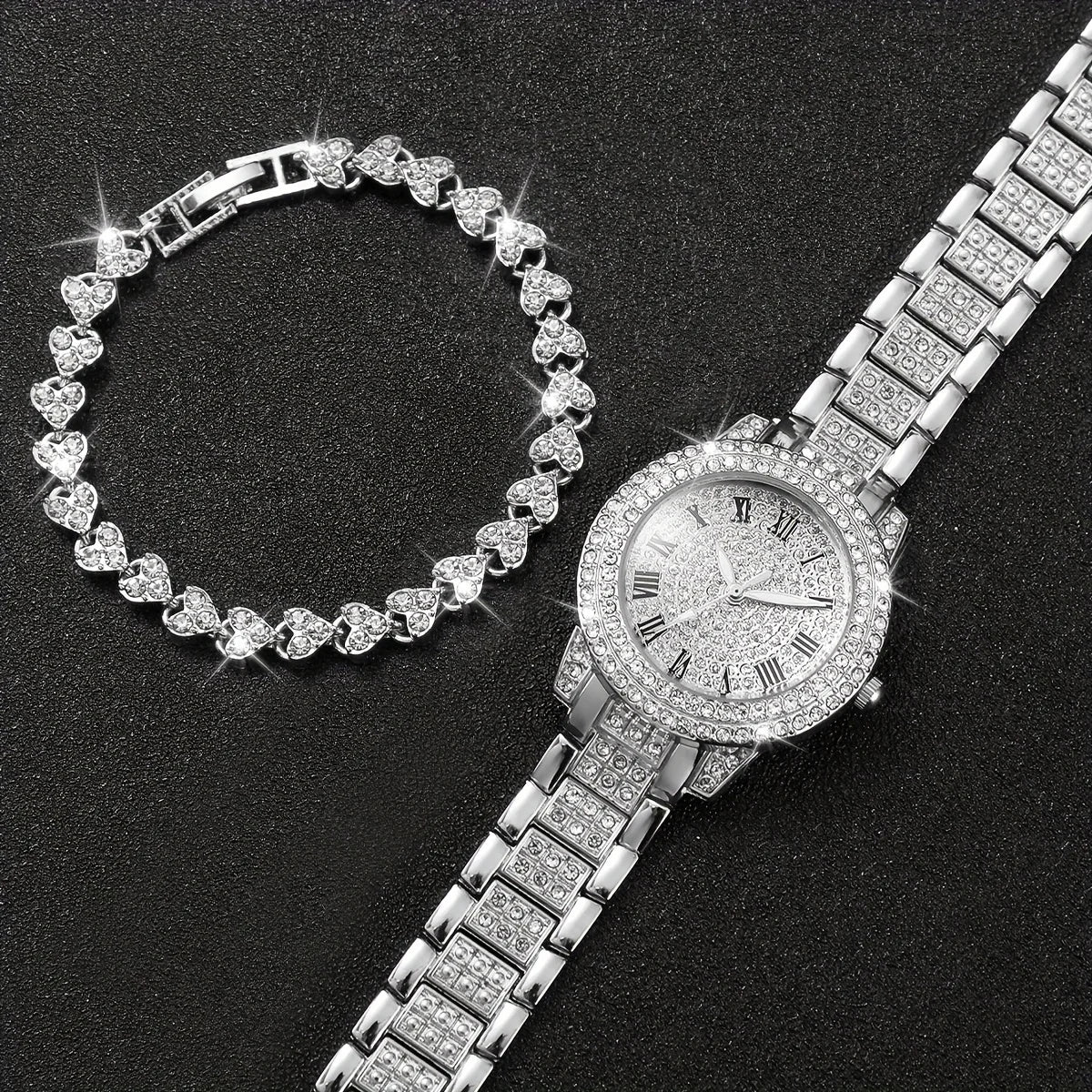 2PCS/Set Women's Watch Luxury Rhinestone Stainless Steel Quartz Watch Heart Bracelet Set(Without Box)