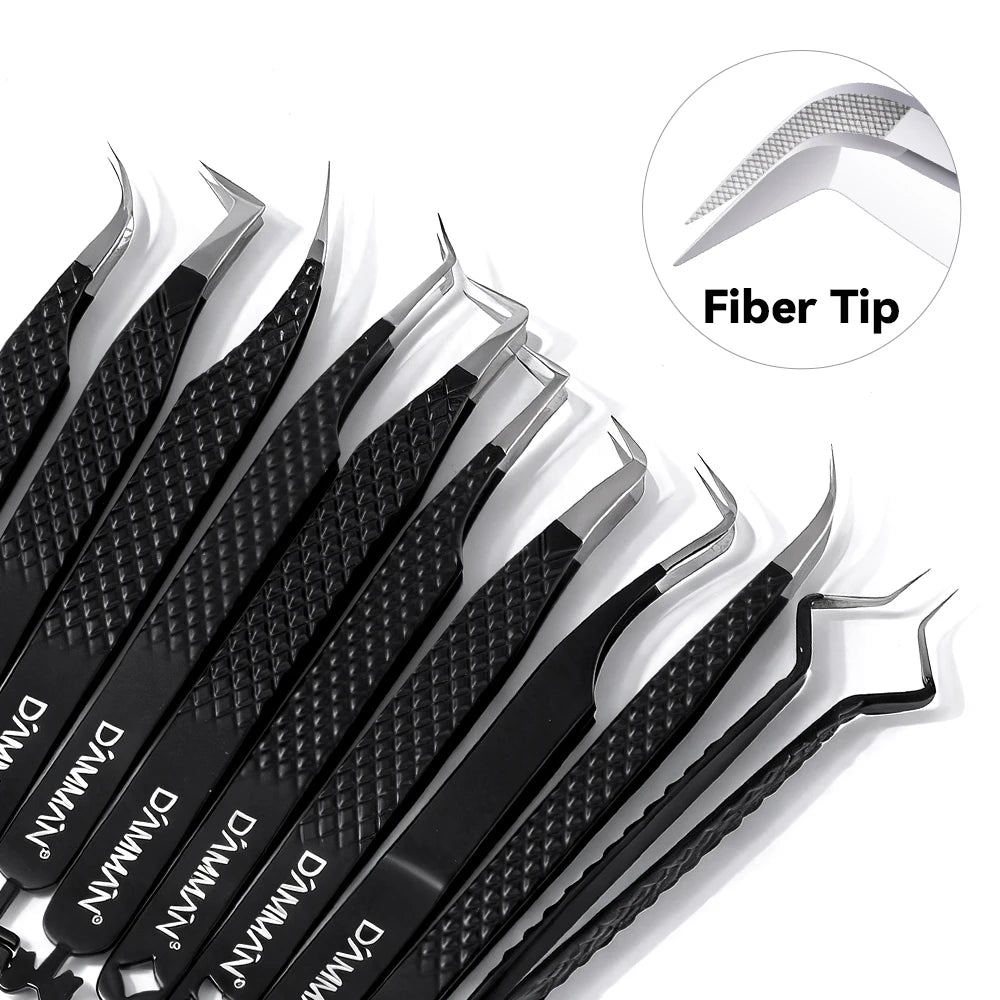DAMMAN Fiber Tip Lash Extensions Tweezers Professional Anti-slip Eyelash Tweezers Stainless Steel Lash Tweezers Makeup Tools