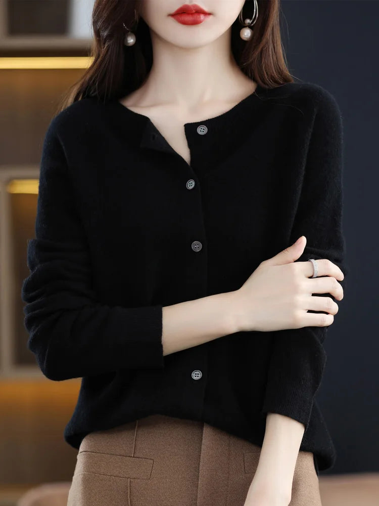 New Fashion Spring 100% Merino Wool Womens O-neck Cardigan Cashmere Sweater 2024 Female Clothing Grace Knitwear Korean Tops