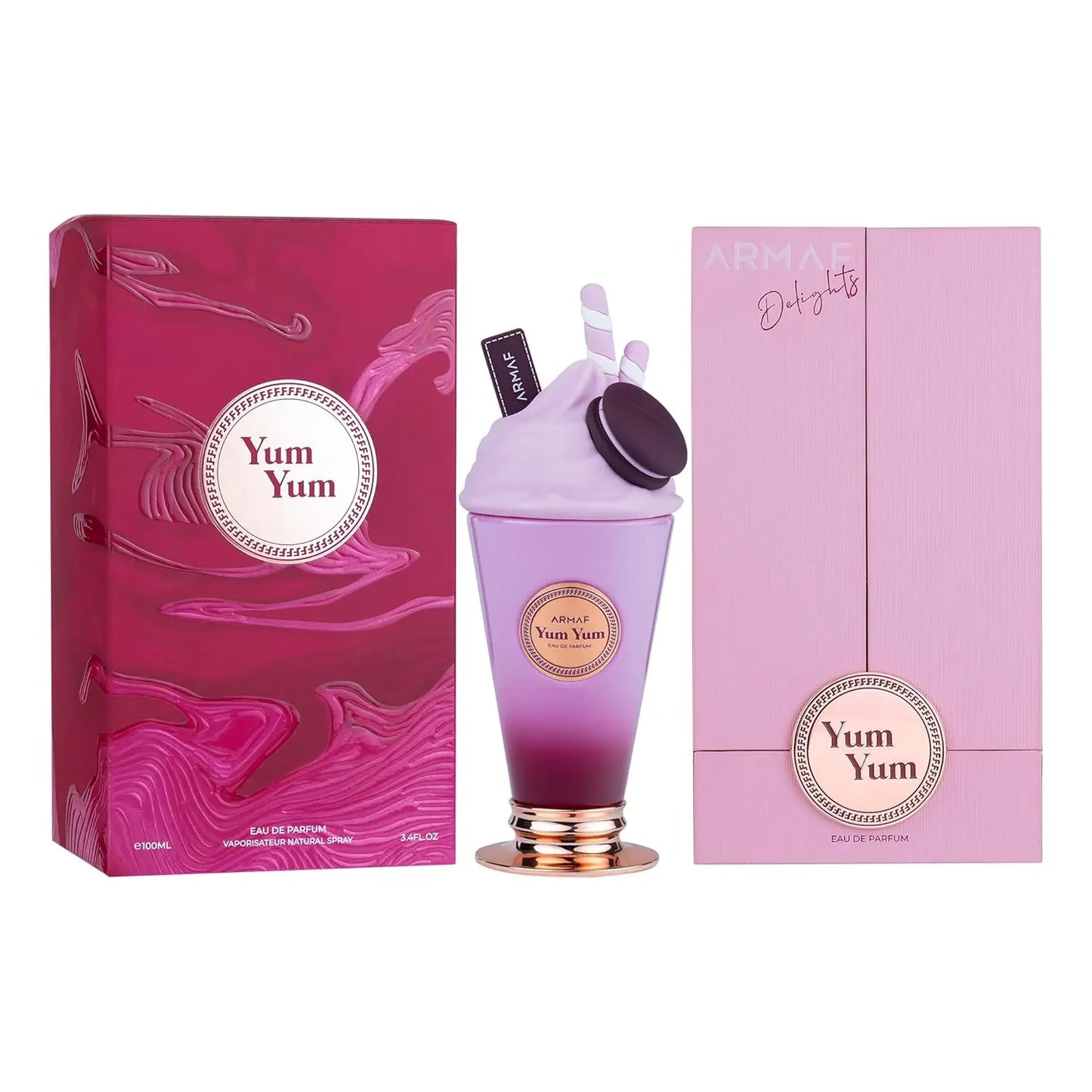 Armaf Yum Yum Eau De Parfum 100ml Unisex Perfume Cute Milkshake Cup Bottle Purple‑Red Gradient Vase Macaron & Wafer Decor Rose‑gold Base Sweet Gourmand Fruity Floral Scent Long Lasting Ladies Fragrance