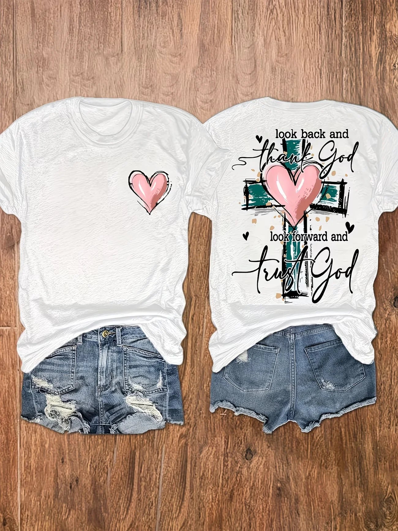 Crew Neck Short Sleeve Jesus Cross Print T Shirt Women's Outfits Casual Streetwear Retro T shirts For Lady