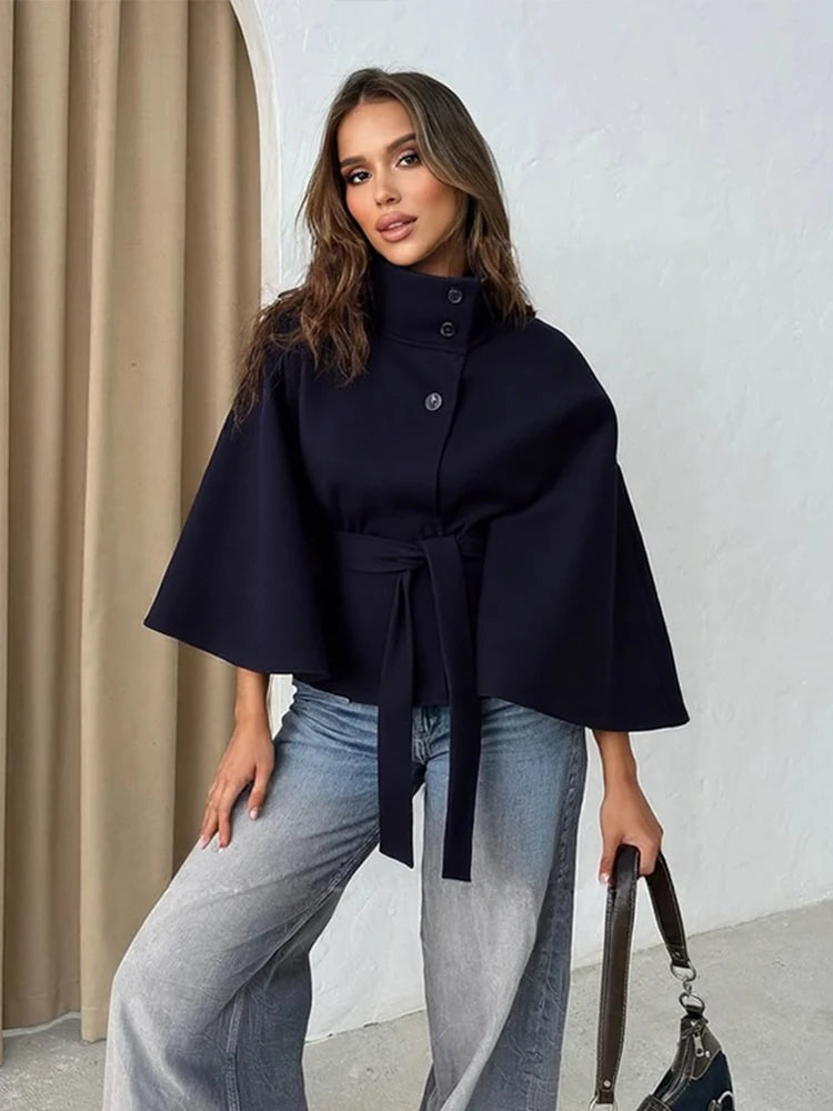 Faux Fur Cloak Jackets Women Loose Standneck Three Button Wide Sleeves Belt Coats Female 2026 Autumn Solid Chic Fashion Outwears