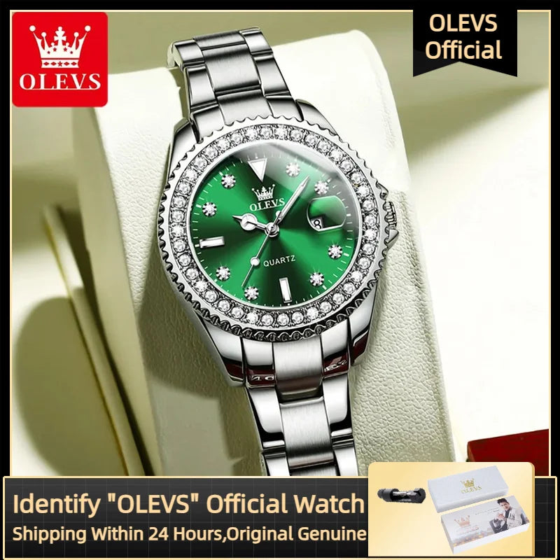 OLEVS Elegant Original Quartz Women's Watch Luxury Diamond Dial Fashion Steel Band Leather Band Waterproof Glow Watch 9945