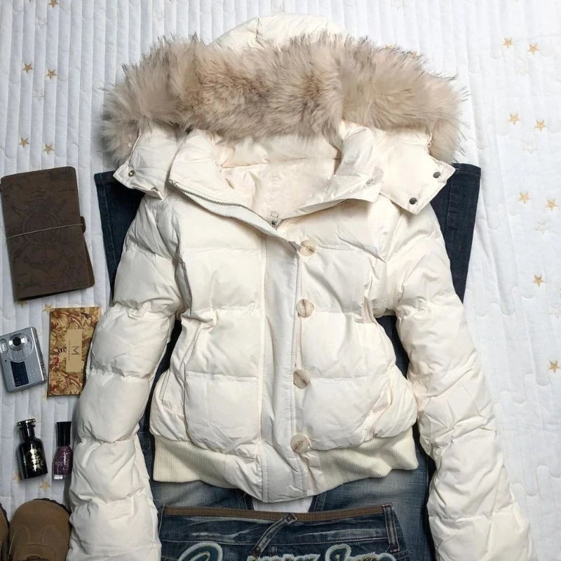 American Retro Fur Collar Warm Solid Color Women Hooded Cotton Coat Ins Winter Loose Casual Slim Cotton Coat Jackets