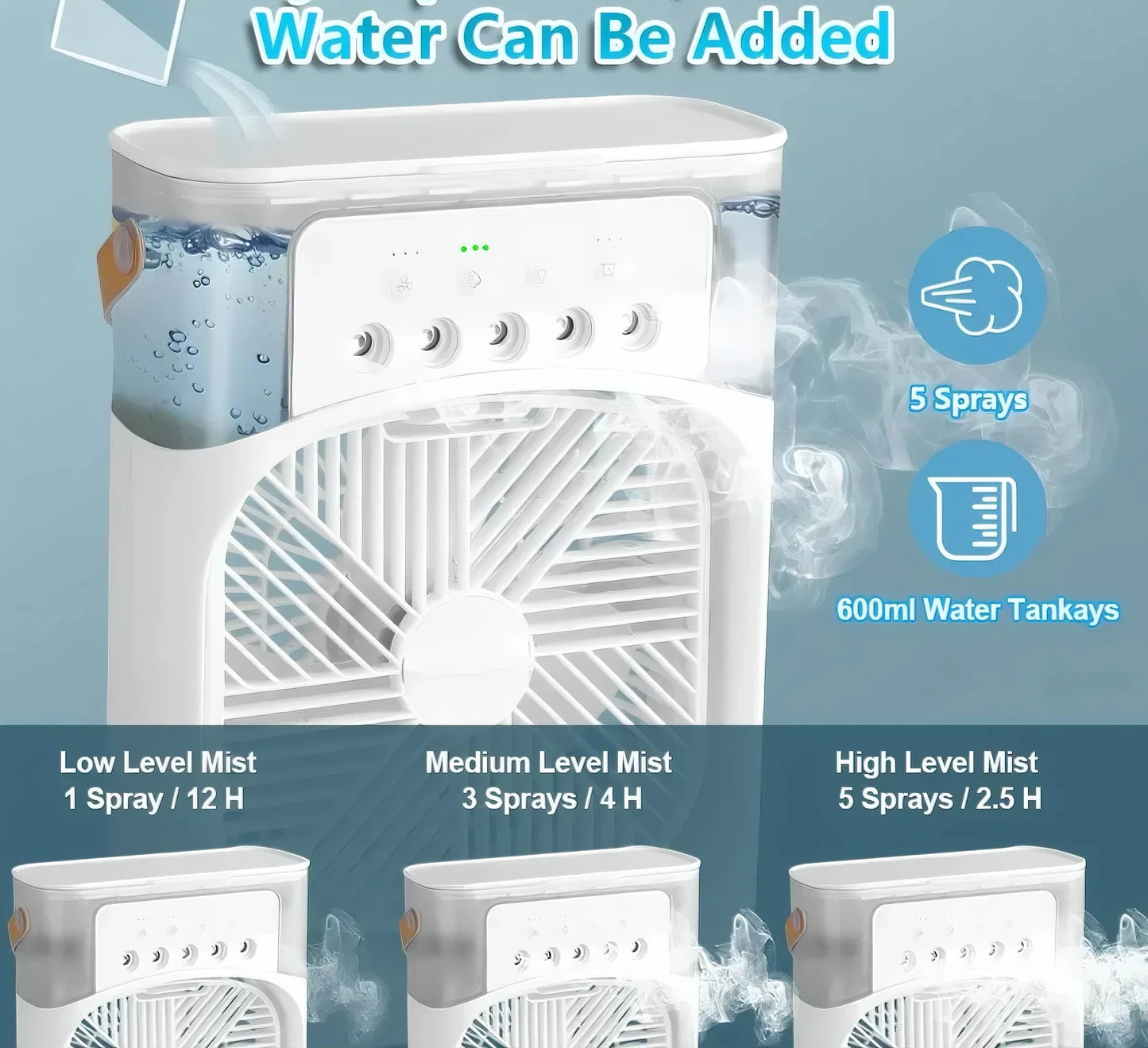 3 In 1 Mini Portable Air Cooler Fan 5-Hole Humidifier LED Night Light 1-3H Timer Personal Desktop Cooling Device For Home Office