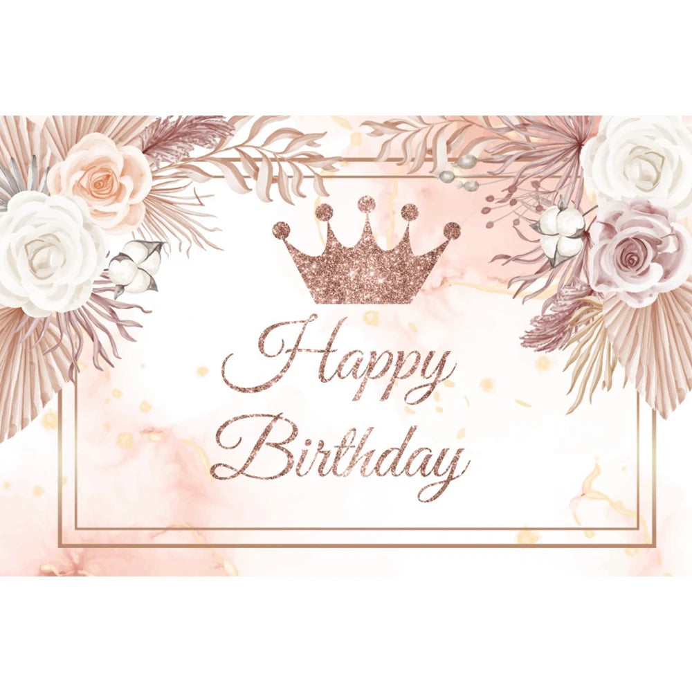 Happy Birthday Backdrop Gold Frame Frame Flower Butterfly Baby Shower Adult Anniversary Birthday Party Photography Background