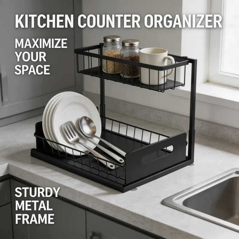 Under Sink Organizer, Pull Out Cabinet Organizer 2 Tier Slide Out Sink Shelf Cabinet Storage Shelves, Under Sink Storage
