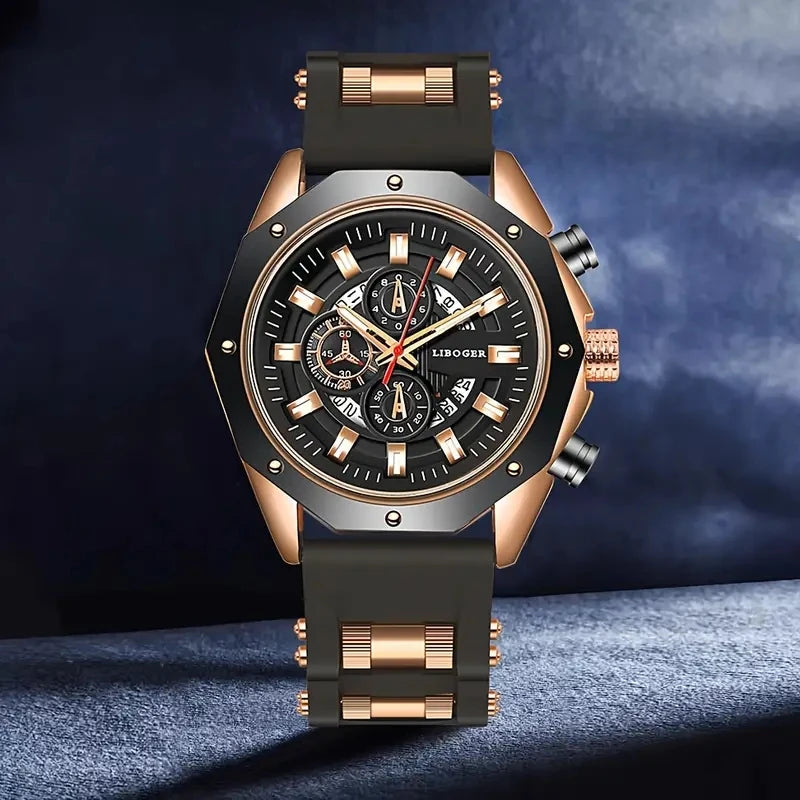Luxury Large Dial Men's Quartz Watch Casual Silicone Band Sport Wristwatches with Calendar Male Clock（Without Box）