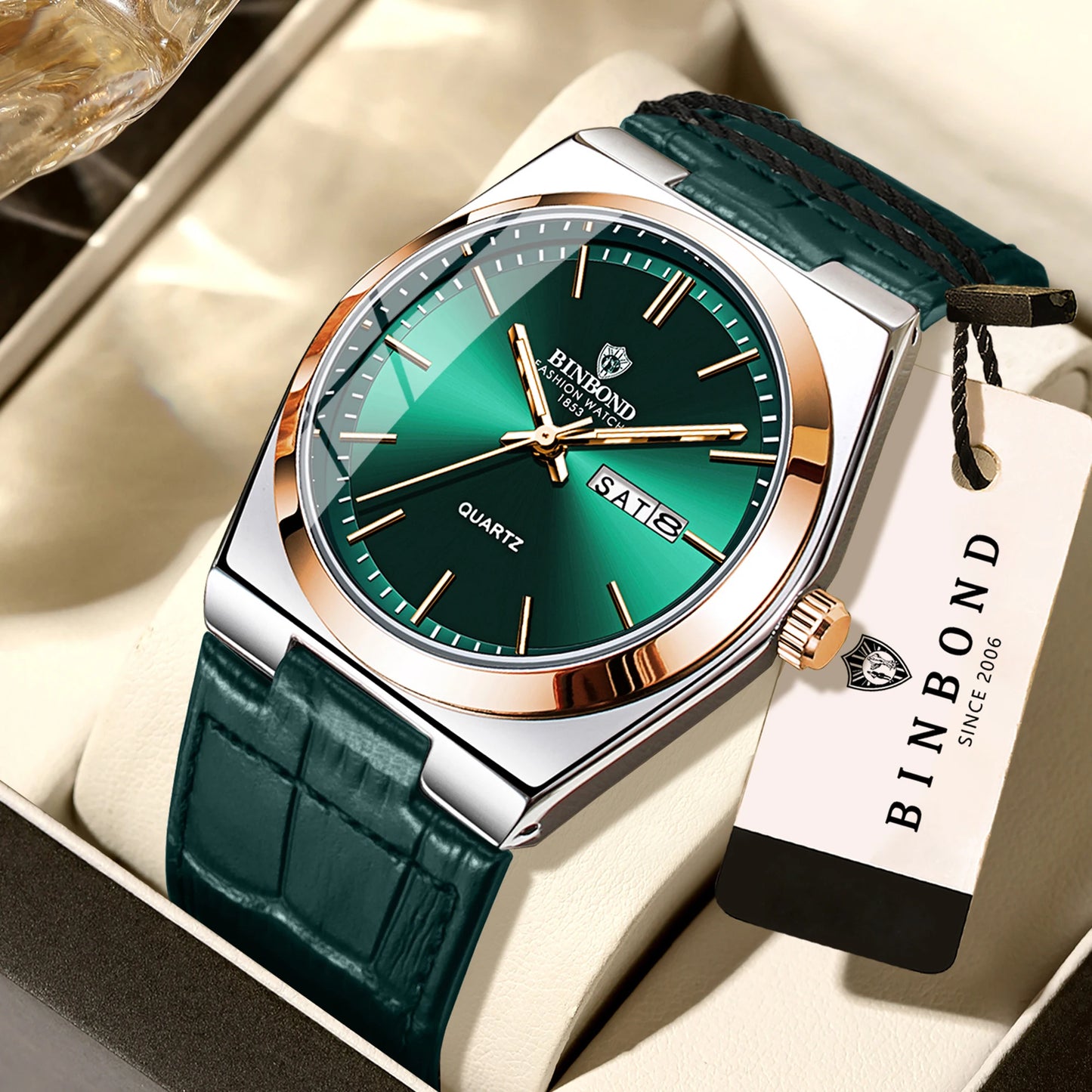 BINBOND Durable Men's Watch Reloj Leather Strap Luxury Quartz Wristwatches Precise Luminous Waterproof Auto Date Week Display