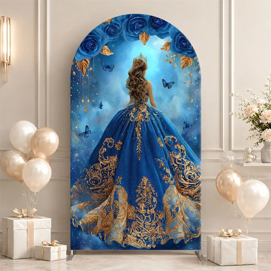 Blue Rose Princess Arch Backdrop Cover Party Backdrop Fabric Cover Birthday Party Baby Shower  Photo Wall Background Decoration
