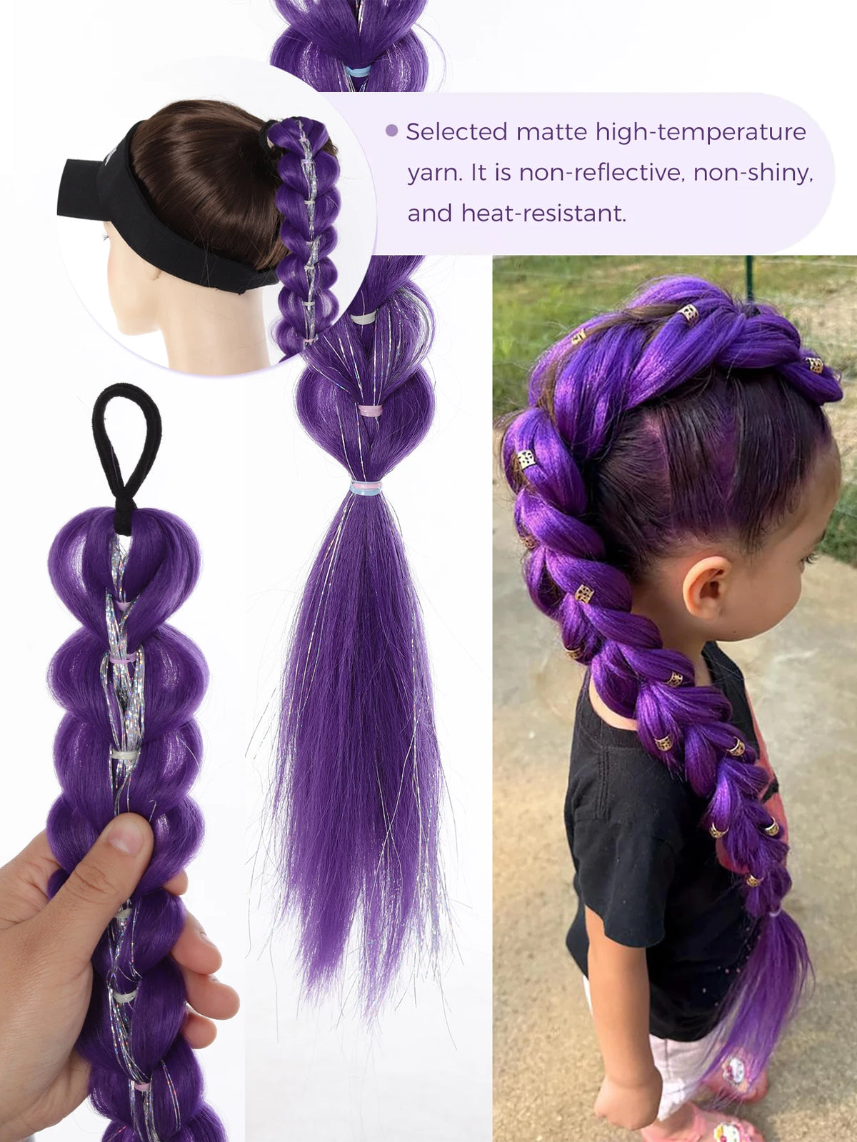 32inch Braided Purple Hair Ponytail with Tinsel Hair Wig Super Extensions Shiny Tinsel Hair for Kids Christmas Cosplay Rumi Hair