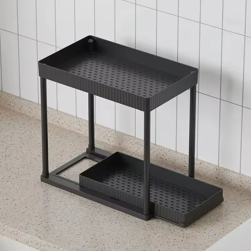 1 Pack Under Sink Cabinet Organizer, 2‑Tier Sliding Pull‑Out Drawer Storage Shelf, Multi‑Purpose Space‑Saving Organizer for Bathroom Kitchen Under Sink Cabinet, Black