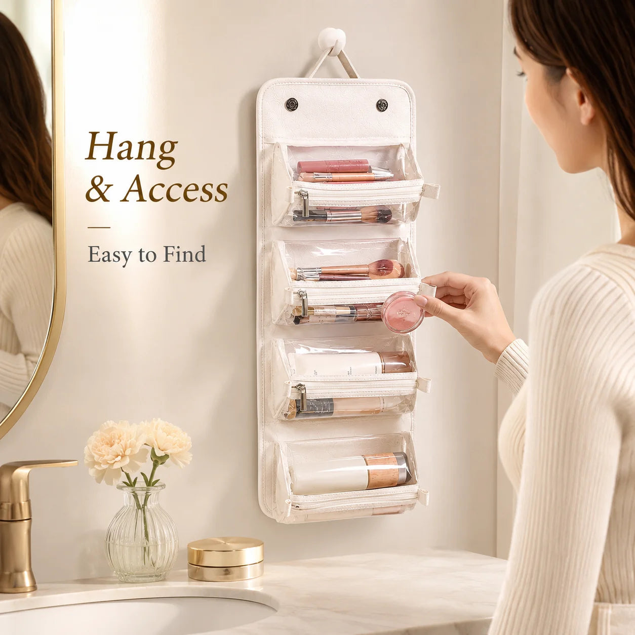 Travel Makeup Bag for Women on Business Trips, 4 Detachable Clear Pouches, Foldable Hanging Cosmetic Toiletry Organizer