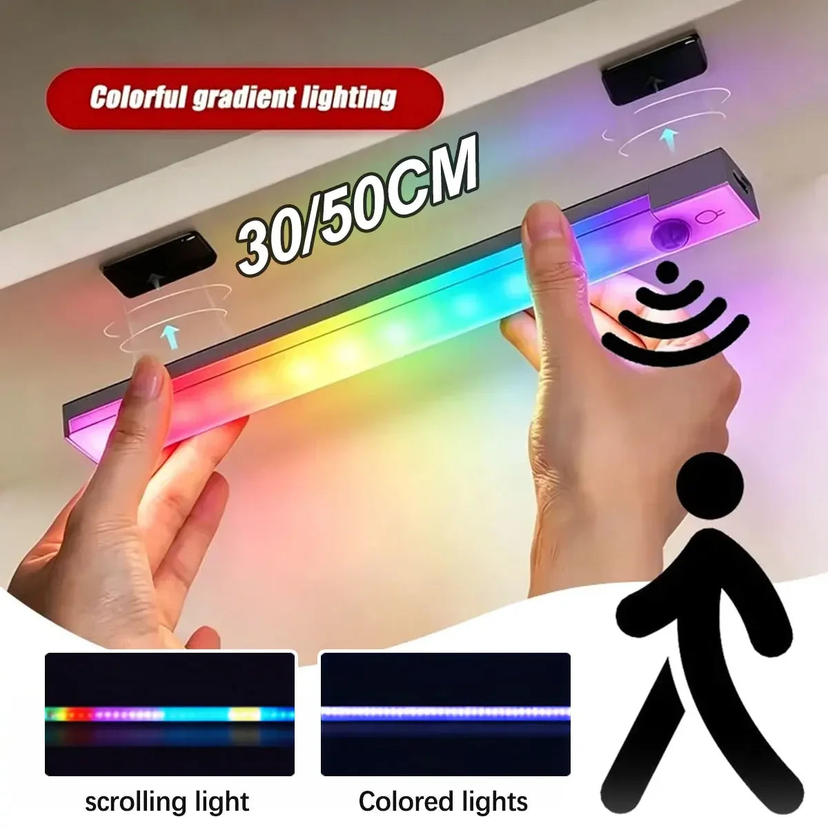 11.81/19.69in RGB Cabinet Light USB Type-C Rechargeable Light Motion Sensor Led Lamp for Kitchen Wardrobe Cabinet Lighting