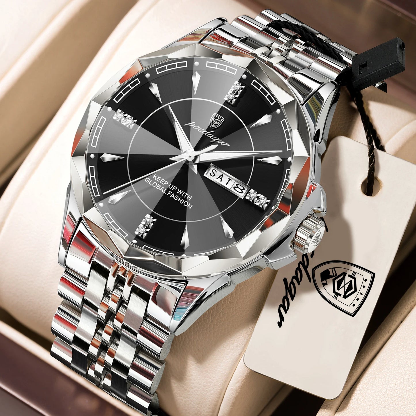 POEDAGAR Top Business Man Wristwatch Waterproof Luminous Luxury Men Clock Date Week Stainless Steel Fashion Men's Quartz Watches