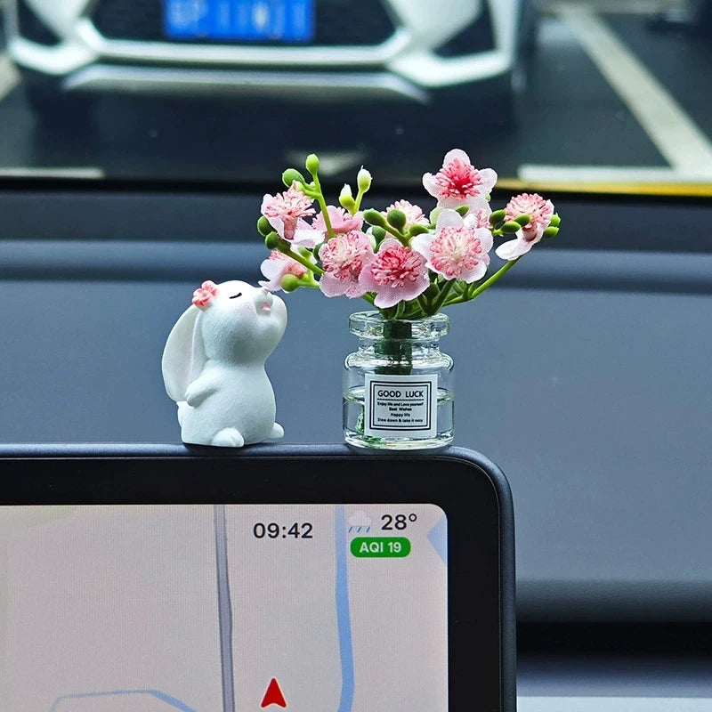 Cute Bunny Car Air Freshener Mini Vase Ornament Auto Center Console Smart Screen Floral Fragrance Pendant Decor