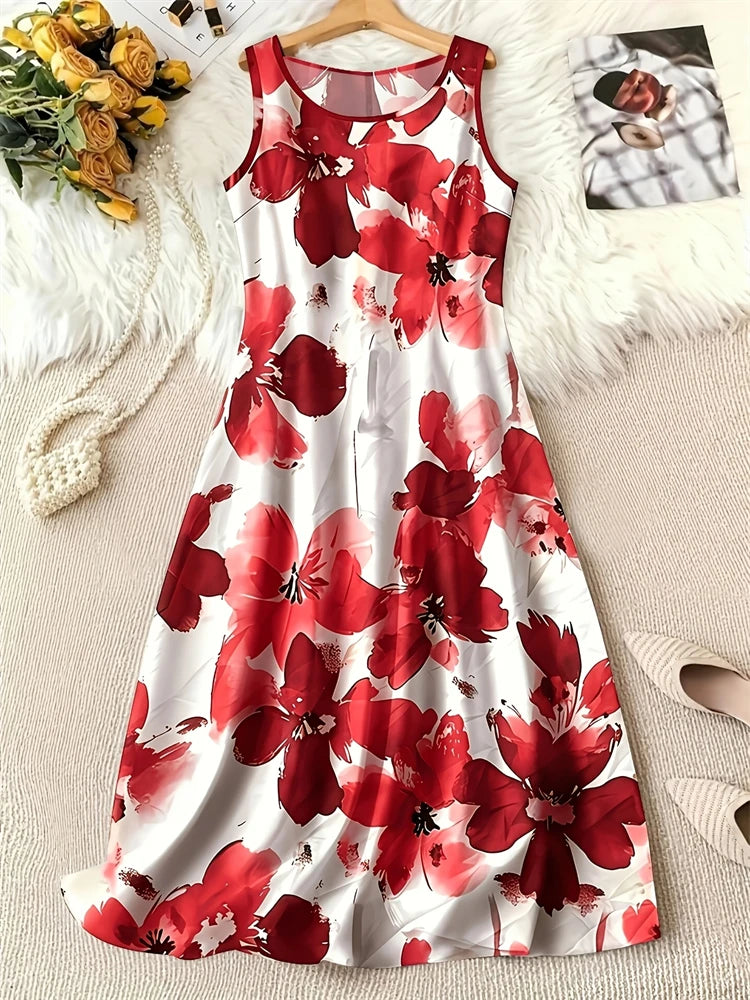 Summer Fashion Round-Neck Women's Dresses Botanical Floral Color-Blocked Patchwork Dresses Travel Party and Beach Dresses
