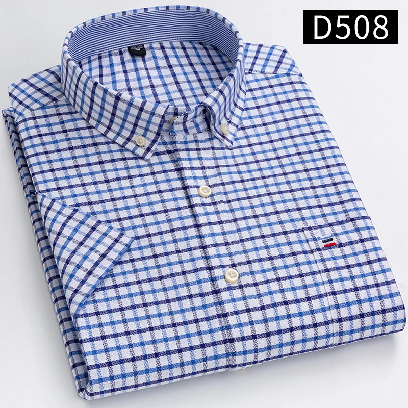 Plus Size 7XL Summer Short Sleeve Shirt 100%Cotton Shirts for Men White Plaid Striped Social Slim Fit Formal Business Clothing