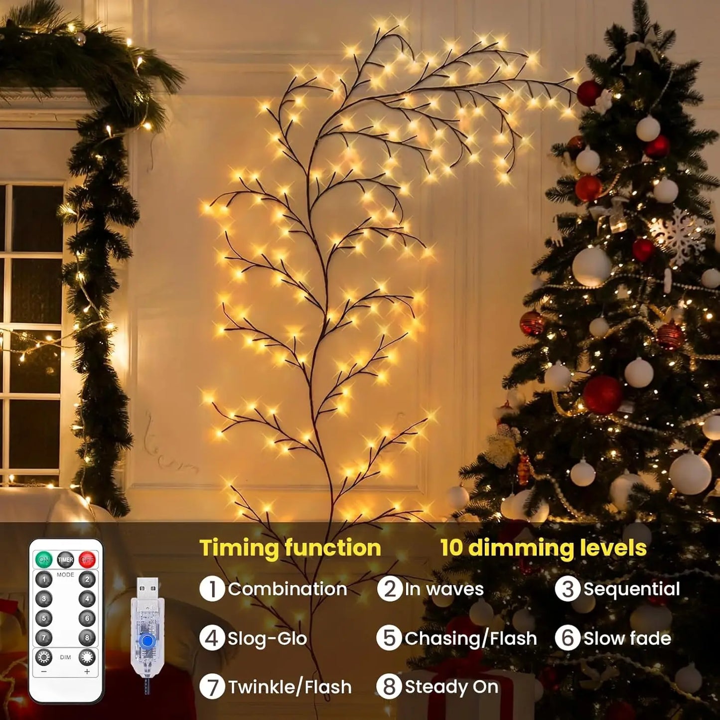 144LED Vine Branch String Lights Artificial Willow Vine Light USB Bendable DIY Indoor Decor Lighting for Bedroom Wall Holiday
