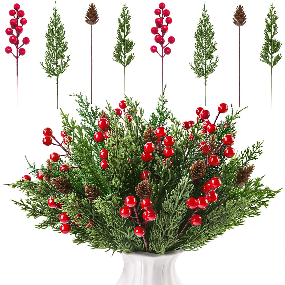 30pcs Christmas Artificial Pine Branches Red Berry Stems Pine Cones Greenery Picks for DIY Wreath Garland Xmas Home Decoration