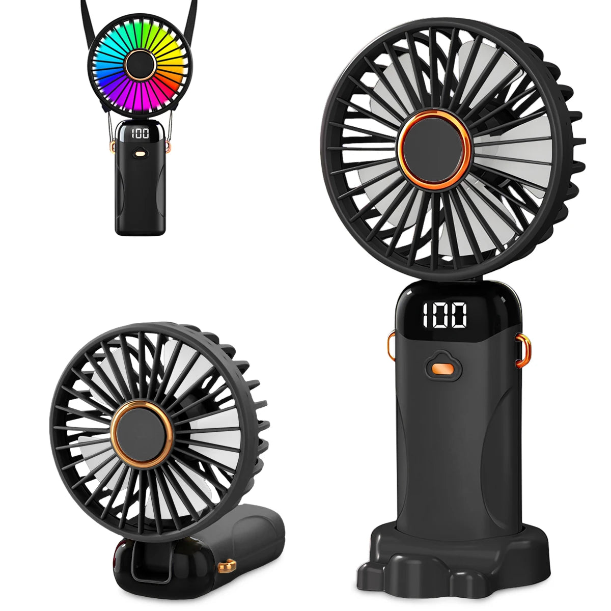 USB Rechargeable Handheld Fan 1200mAh 6 Speeds Foldable LED Light Blade Portable Mini Fan Personal Cooler for Home Gift
