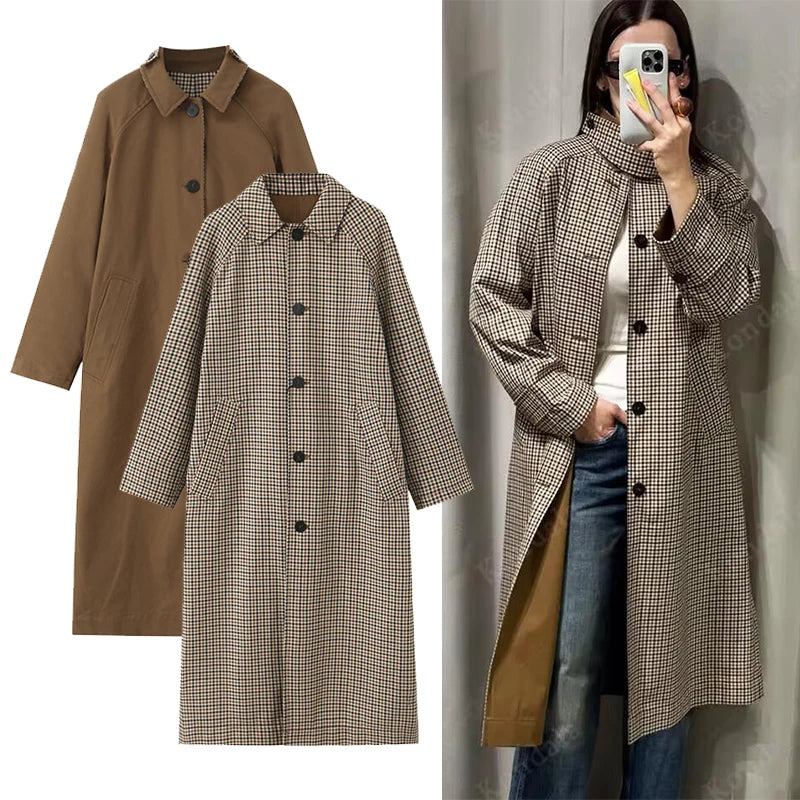 Double Sided Plaid Long Jackets For Women Single Breasted Long Sleeve Commute Street Female Trench Coat 2025 Autumn Chic Outwear