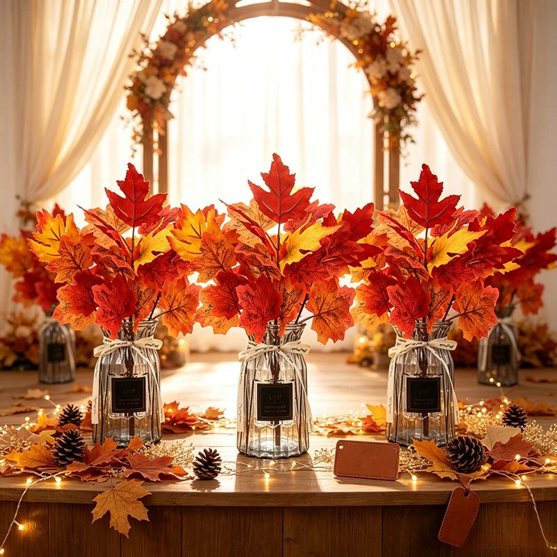 Artificial Maple Leaf Plant Bouquet Simulated Autumn Maple Leaf Garland Fake Fallen Leaves Rattan for Thanksgiving Wedding Decor