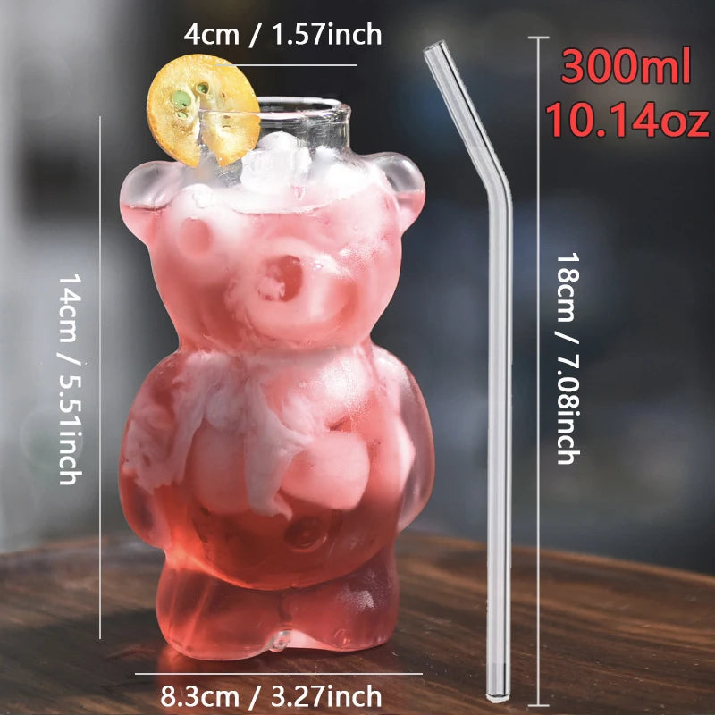 YWDL 1/2pcs Cartoon Bear Shaped Glass Cup With Straw 300ml Transparent Juice Cocktail Glass Cup Restaurant Home Coffee Milk Cup