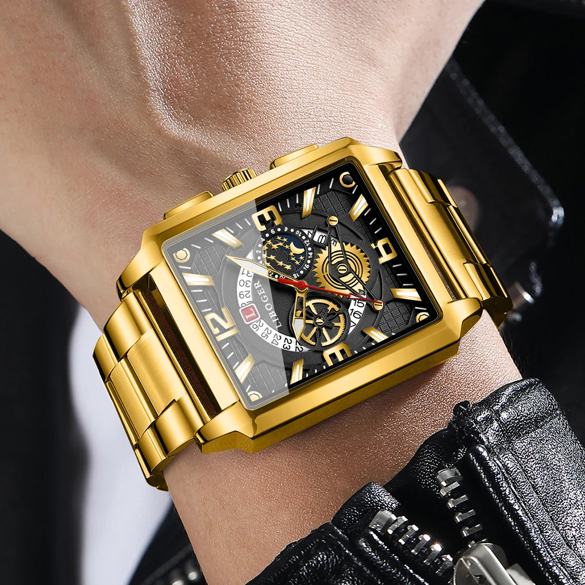 Luxury Men Business Watches Golden Stainless Steel Band Calendar Quartz Wristwatch Clock Gift Relogio Masculino（Without Box）