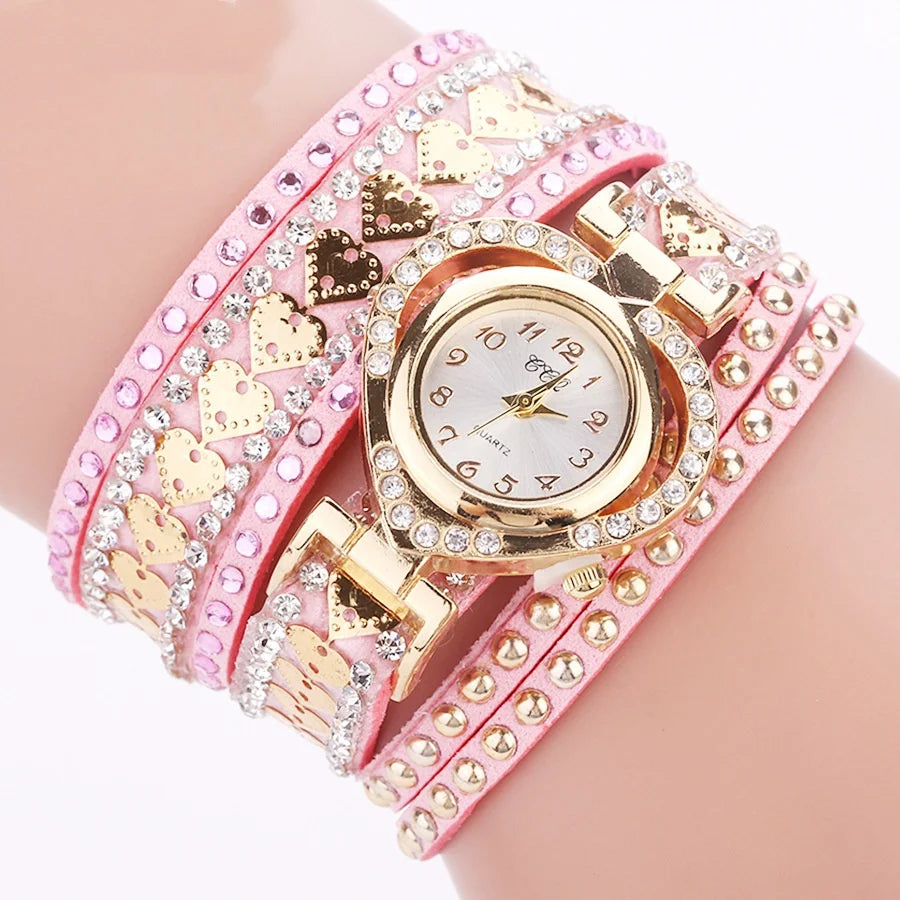 Luxury Women Heart Dial Shiny Design Quality Women Quartz Watch Fashion Rhinestone Bracelet Wrap Strap Women Watch Gifts