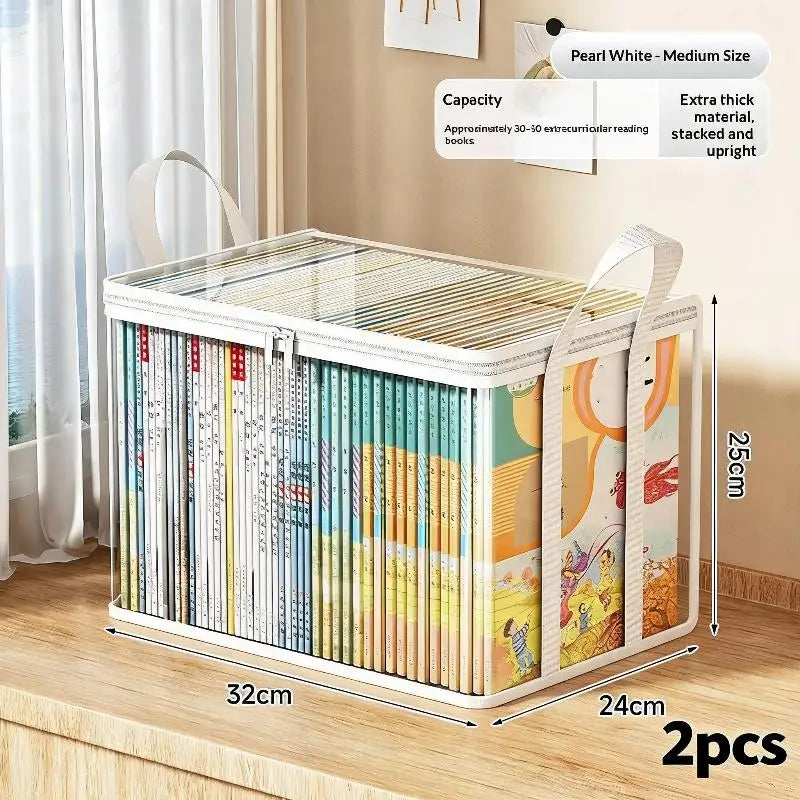 2Pcs Transparent Plastic Book Storage Box Large Capacity Foldable Space-Saving Organizer For Home Office