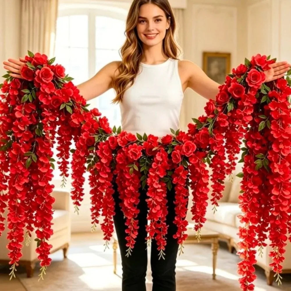 Greenery 250cm Artificial White Rose Vine 3D Bushy Hanging Rattan Flower Easy-to-hang Fake Plant Garden