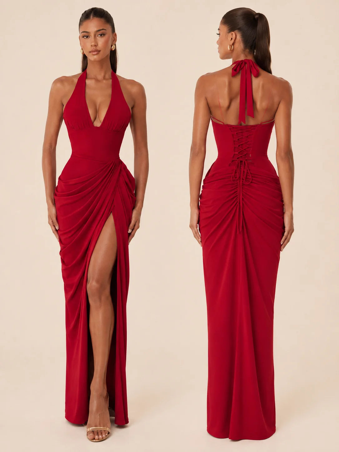 Women Elegant Halter Neck Formal Gown, Open Back Draped Ruched High Slit Maxi Dress for Prom Wedding Guest Bridesmaid Cocktail Party，evening gown，formal dress，maxi dress，prom dress，bridesmaid dress，wedding guest d