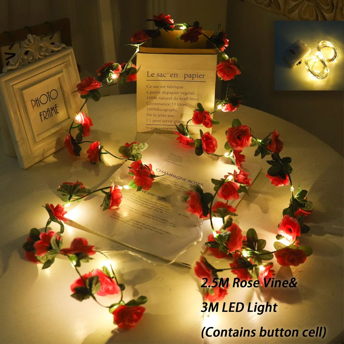 Rose LED Lights String Artificial Flowers Ivy Leaves Wedding Garland Home Room Decoration Arch Hanging Wall Garden Party Decor