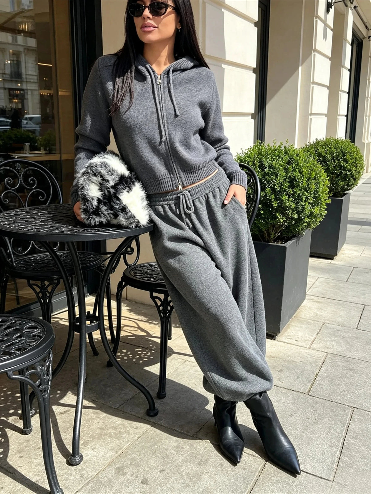Bornladies Women's Two-piece Knitted Fashionable Zipper Drawstring Cut Hoodie and Pants Set Casual Home Wear Daily Winter Outfit