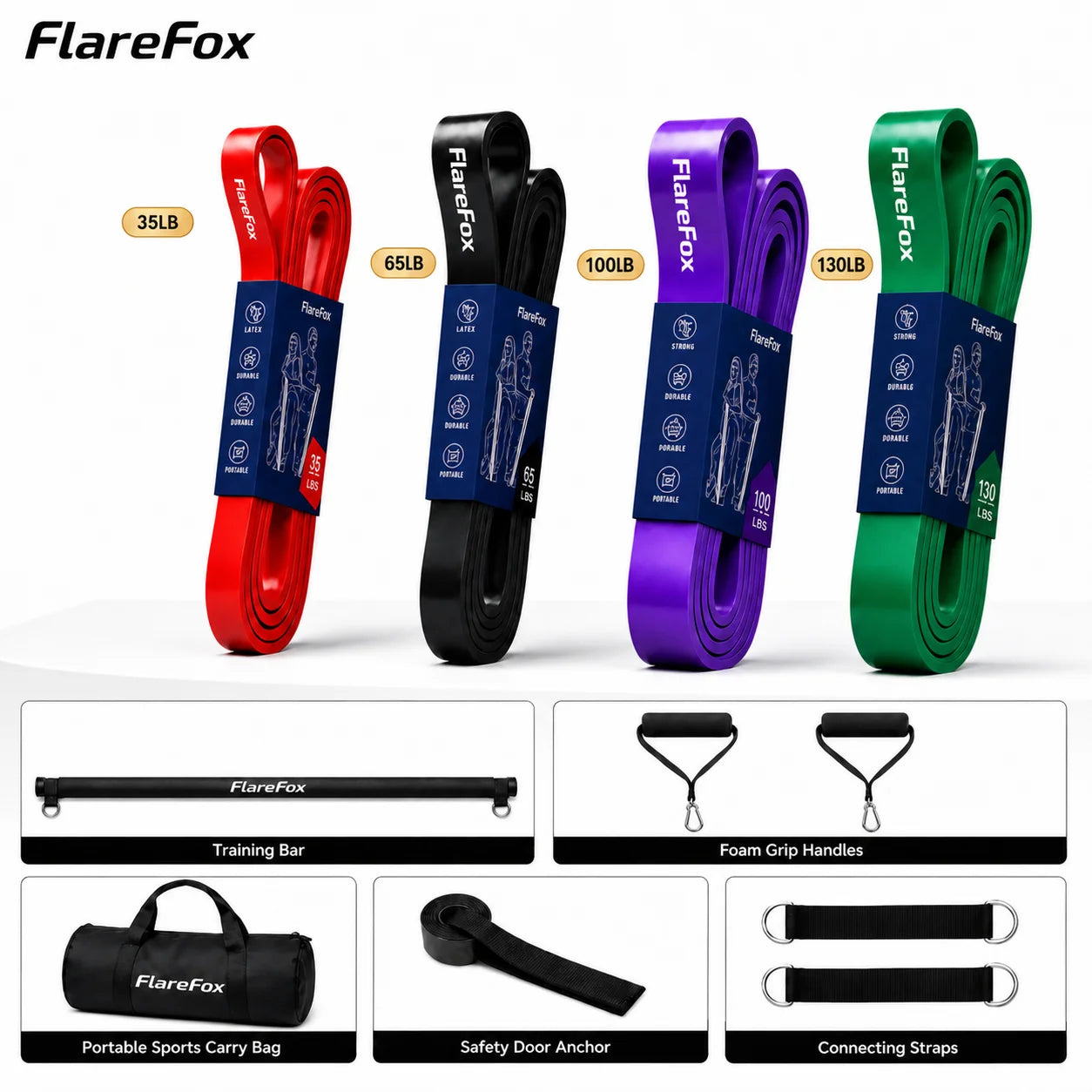 FlareFox Adjustable Multi Resistance Bands Push-pull Rod Pull-Up Assist Strap Strength Training Home Gym Equipment Workout Kit
