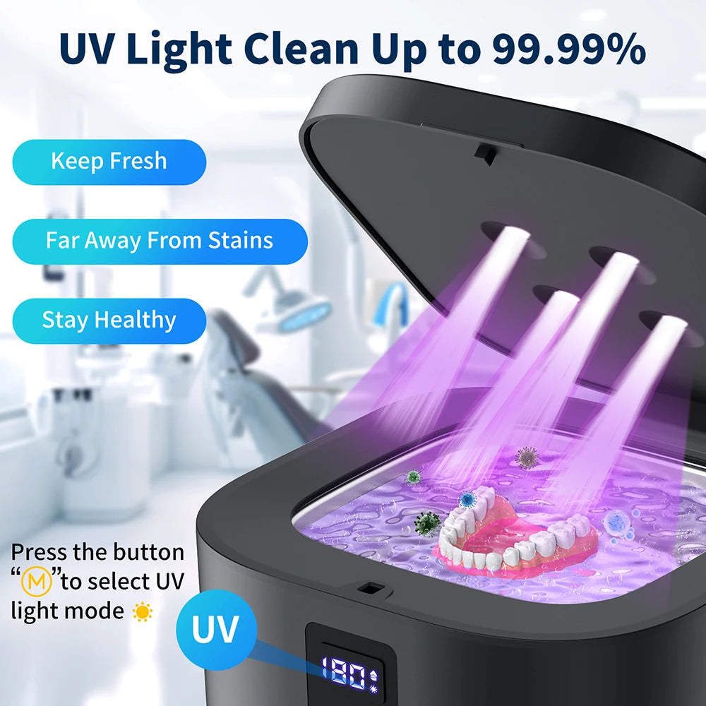 KUNPHY Dental Ultrasonic Retainer Cleaner Machine with UV Light Digital Timer for Denture Mouth Guard Aligner Night Guard 300ML