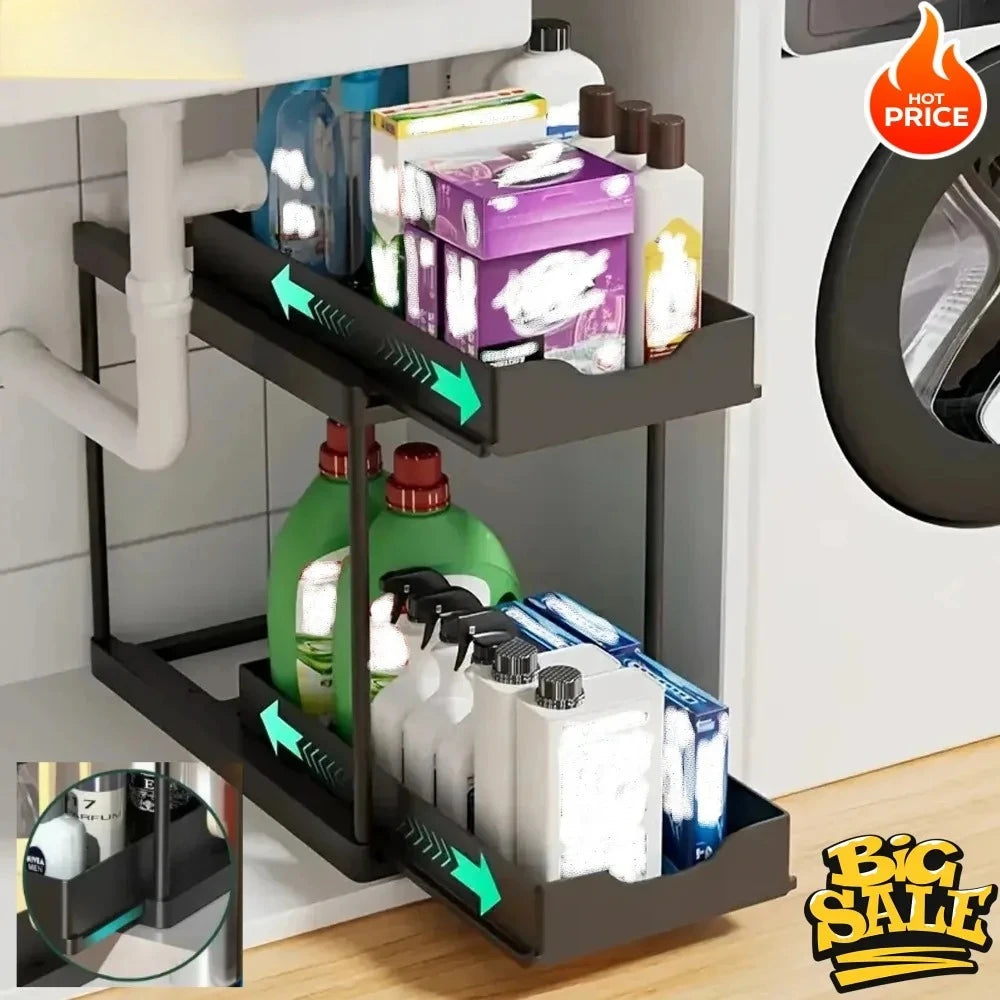 New 2 Tier Under Sink Pull Out Sliding Multi Function Space Saving Organizer Rack for Kitchen Bathroom