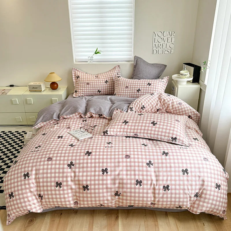 Korean Ins Pink Plaid Duvet Cover Set Queen King Bowknot Print Bedding Set Skin Friendly Soft Comforter Cover Sheets Pillowcases
