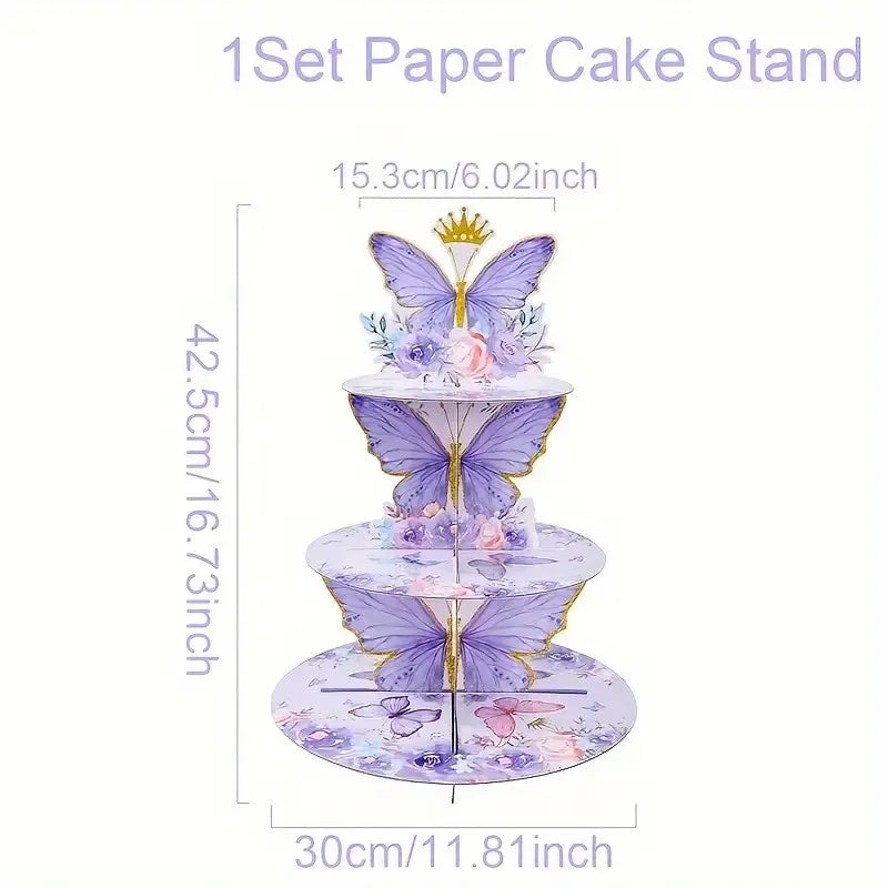 Buttleply 3 Tier Cupcake Stand Purple Butterfly Cupcake Stand Decoration - 3-Tier Butterfly Floral Crown Cupcake Tower Cardboard
