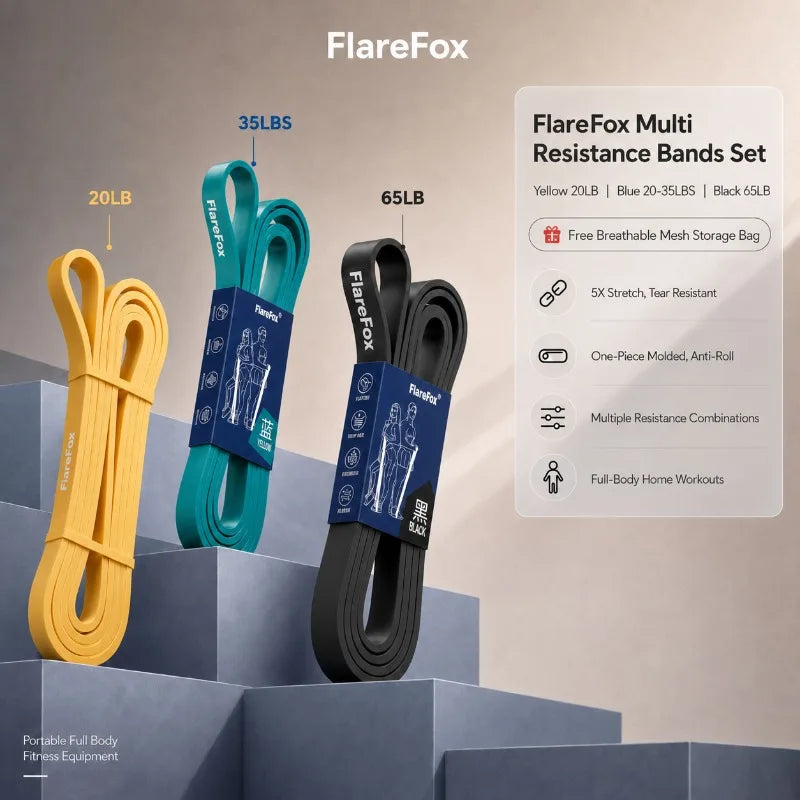 FlareFox Multiple Resistance Bands Set Pull-up Assist Straps Strength Agility Training Handy Gym Equipment for Home CrossFit