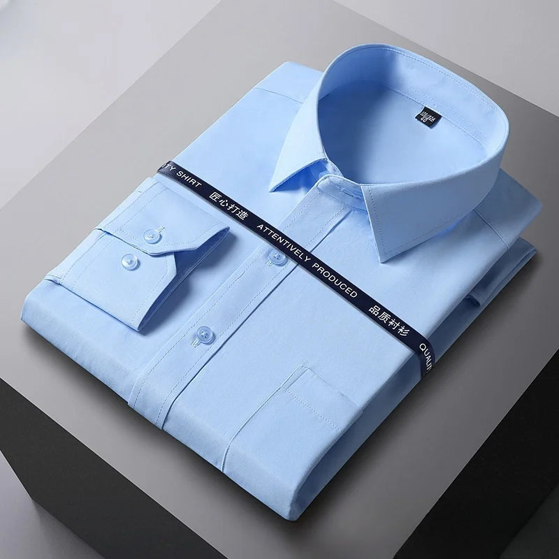 Men Formal Shirt Long Sleeve Office Solid Color Fashion Business Pocket Social Office Blue White Shirts Men's Clothing S-5XL