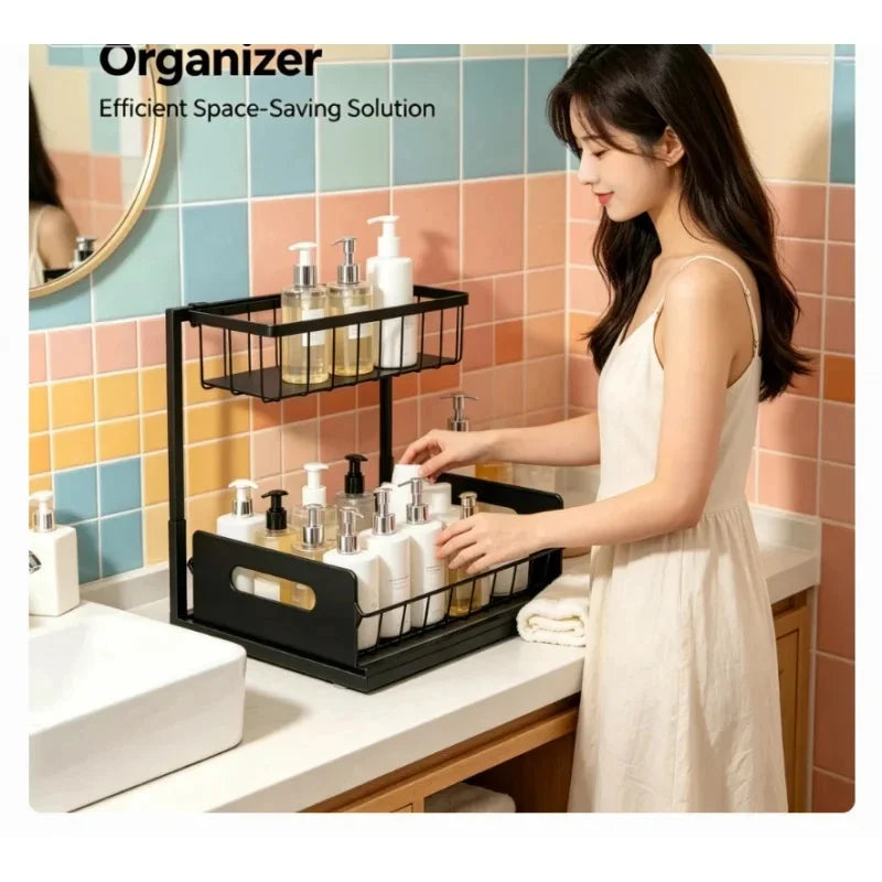 Household Pull Out Under Sink Shelf 2 Layer Sliding Storage Rack Practical Organizer For Kitchen Bathroom Cabinet