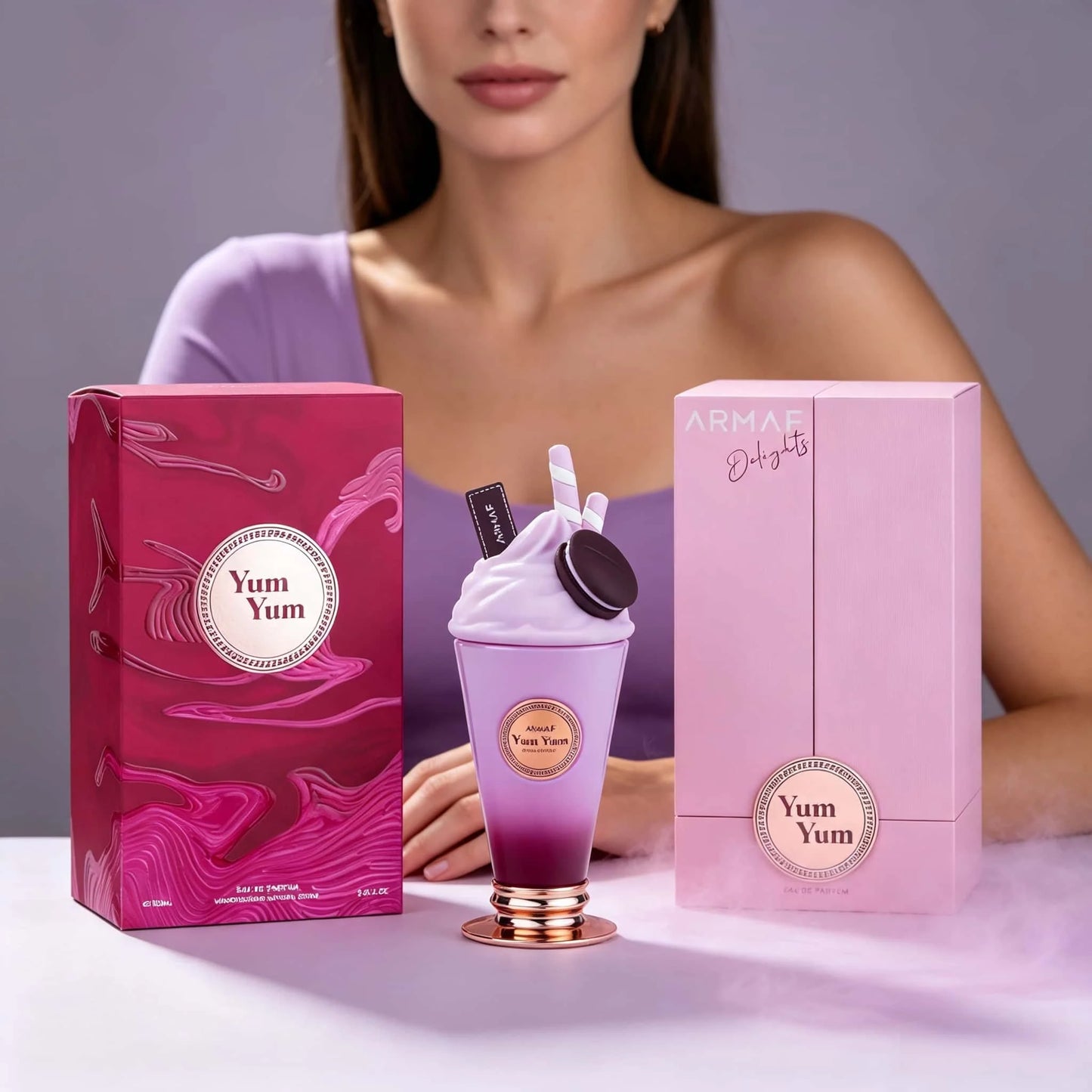Armaf Yum Yum Eau De Parfum 100ml Unisex Perfume Cute Milkshake Cup Bottle Purple‑Red Gradient Vase Macaron & Wafer Decor Rose‑gold Base Sweet Gourmand Fruity Floral Scent Long Lasting Ladies Fragrance