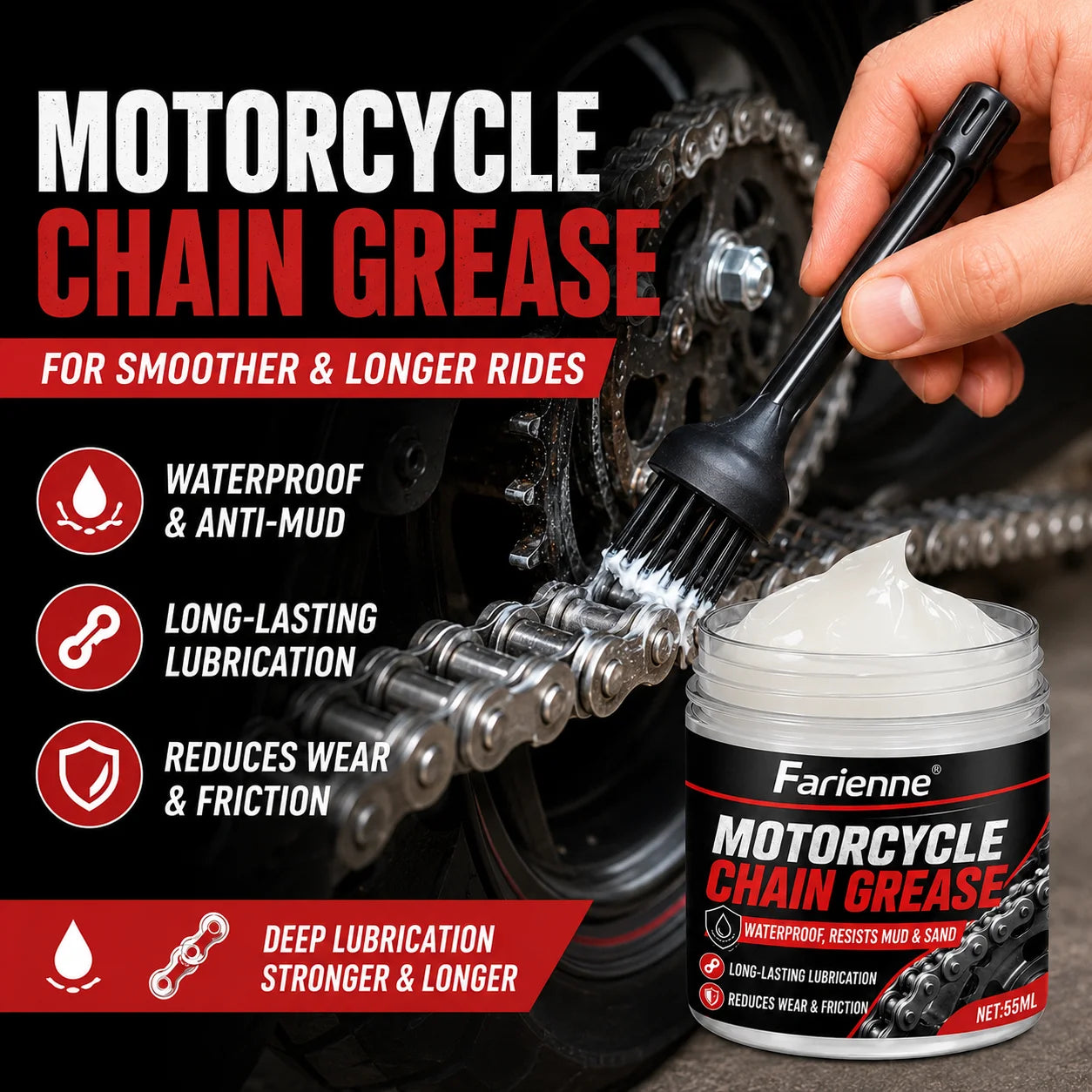Farienne Motorcycle Chain Grease Waterproof Lubricant For Bike Chain Car Door Hinge Lock Sunroof Seat Rail 55ml With Brush