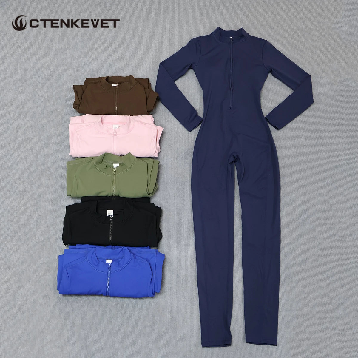 Ctenkevet Women's Long-Sleeved Jumpsuit Butt Lifting Gym Activewear Sport Outfit with Half-Zipper V-Back Design for Ladies