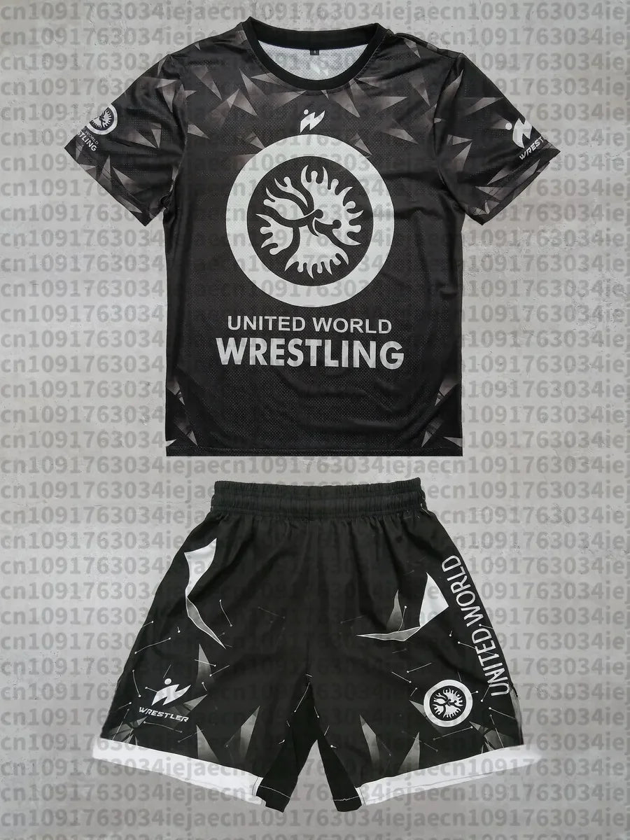 2026 New Summer Men United World Wrestling Sportswear Set Short Sleeve T Shirt and Shorts for MMA Training Lightweight